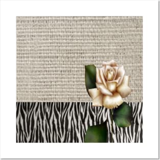 1980s Chic Zebra print rustic burlap botanical floral white rose Posters and Art